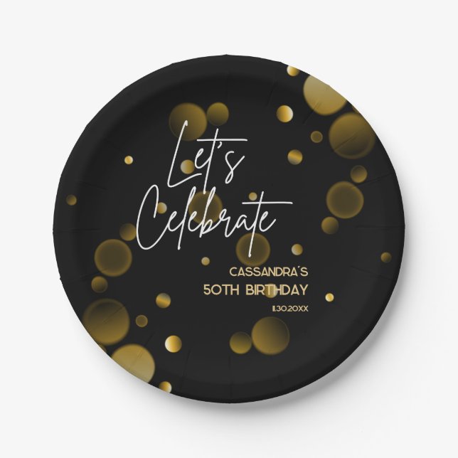 Let's Celebrate Gold Bokeh Gradient Black Birthday Paper Plate (Front)