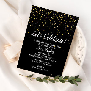 Let's Celebrate Gold Confetti on Black Birthday Invitation