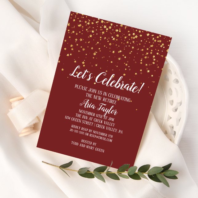 Let's Celebrate Gold Confetti on Burgundy Party Invitation (Creator Uploaded)