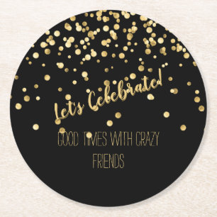 Lets Celebrate Gold Confetti Party Round Paper Coaster