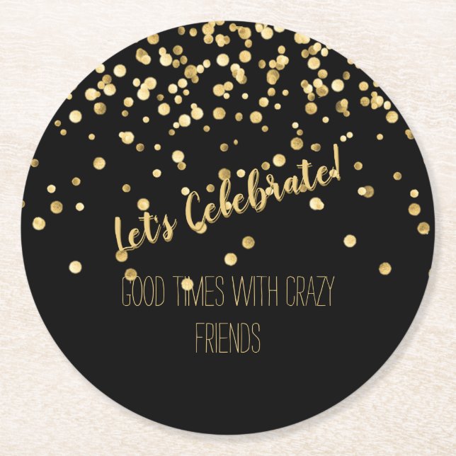 Lets Celebrate Gold Confetti Party Round Paper Coaster (Front)