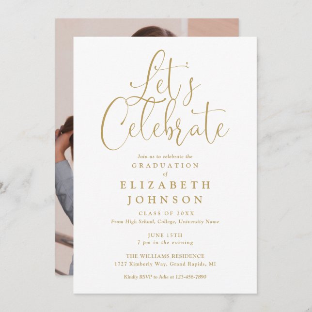 Lets Celebrate Gold Script Photo Graduation Party Invitation (Front/Back)
