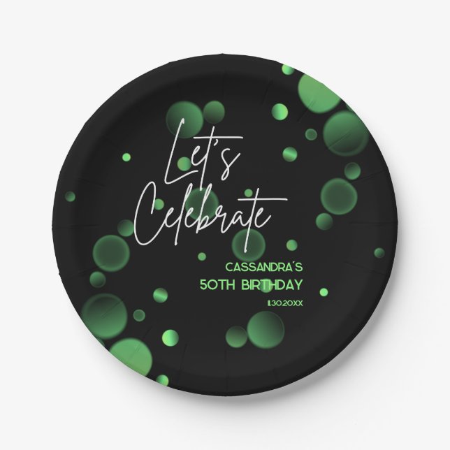 Let's Celebrate Green Bokeh Gradient Birthday Paper Plate (Front)