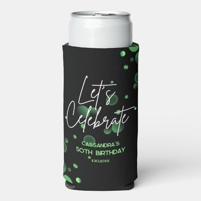 Let's Celebrate Green Bokeh Gradient Birthday Seltzer Can Cooler (Seltzer Front)