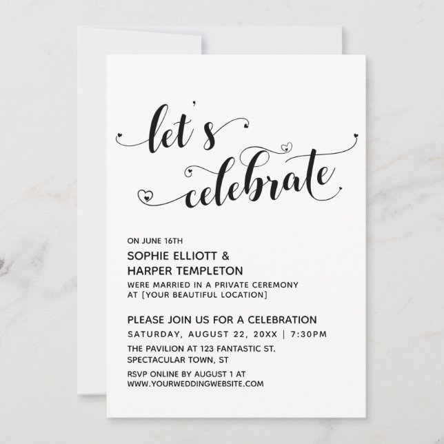 Let's Celebrate Hearts Black White Reception-Only Invitation (Front)