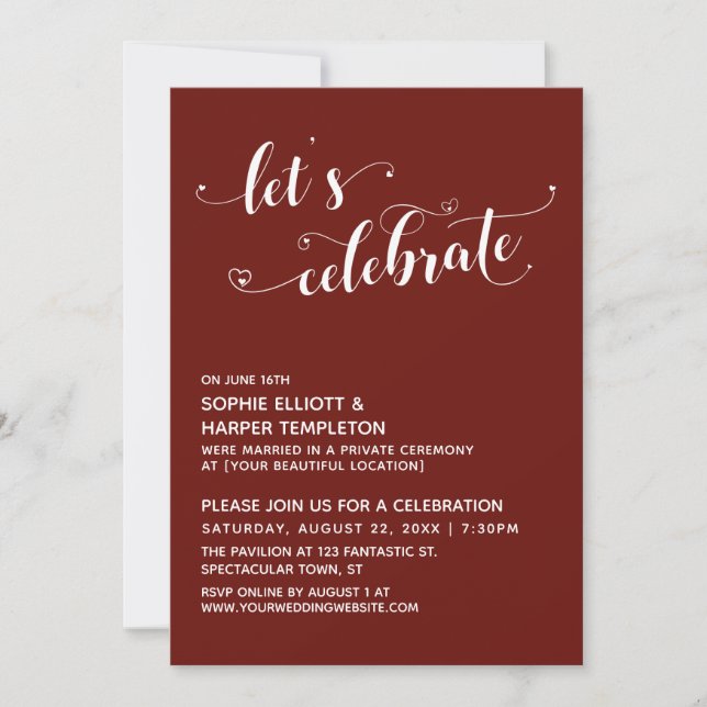 Let's Celebrate Hearts Script Burgundy Reception Invitation (Front)