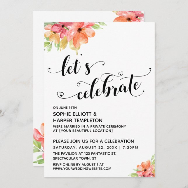 Let's Celebrate Hearts Script Florals Reception Invitation (Front/Back)