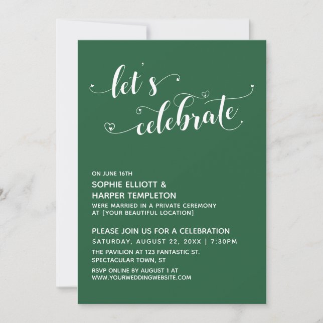 Let's Celebrate Hearts Script Leaf Green Reception Invitation (Front)