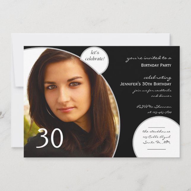 Lets Celebrate in Black and White Photo Birthday Invitation (Front)