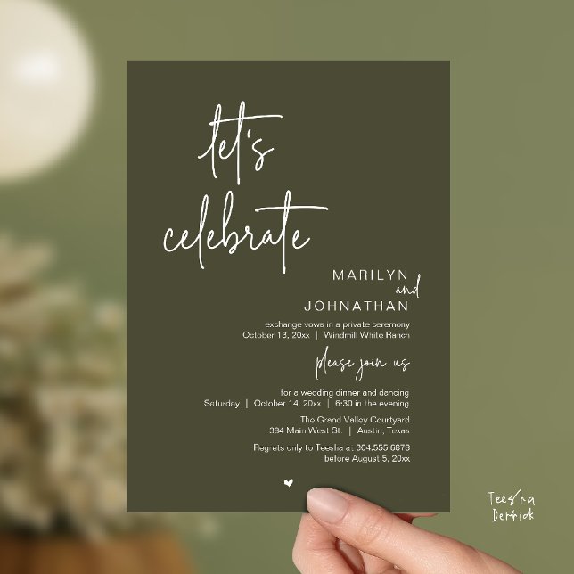 Let's Celebrate, Minimal Modern Wedding Reception Invitation (Let's Celebrate, Modern Minimal Wedding Reception dinner dancing Invitation card olive green)