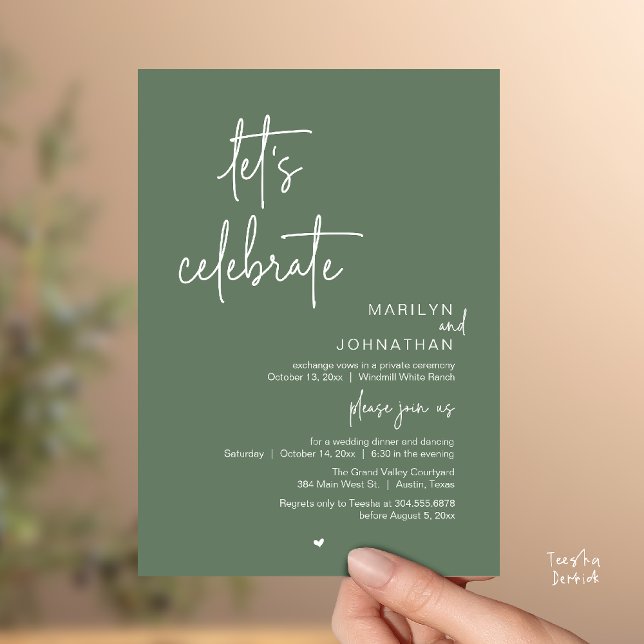 Let's Celebrate, Minimal Modern Wedding Reception Invitation (Let's Celebrate, Modern Minimal Wedding Reception dinner dancing Invitation card sage green)