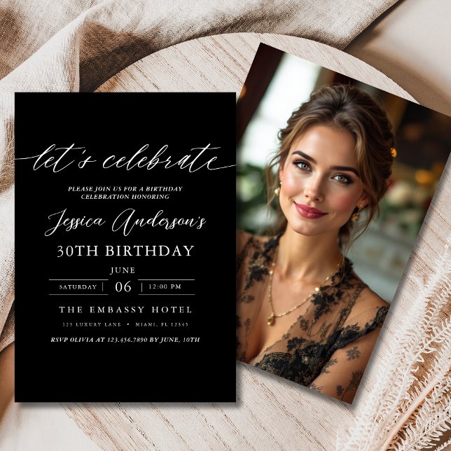 Let's Celebrate Minimalist Black Photo Birthday Invitation (Creator Uploaded)