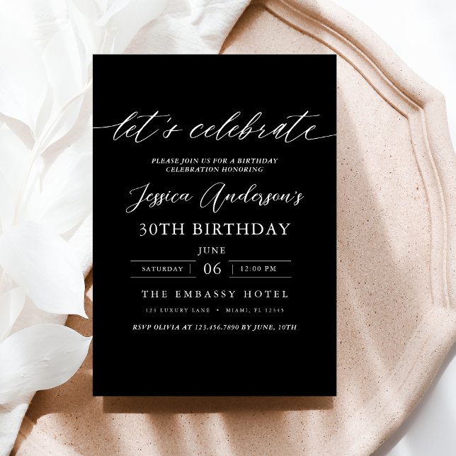 Let's Celebrate Minimalist Black Script Birthday Invitation (Creator Uploaded)