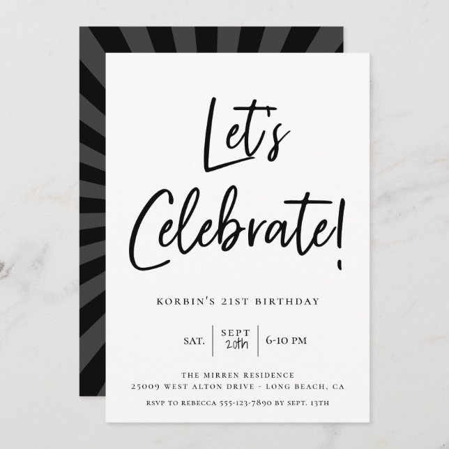 Let's Celebrate Modern Black Script Birthday Invitation (Front/Back)