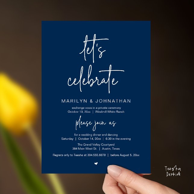 Let's Celebrate, Modern Minimal Wedding Reception Invitation (Let's Celebrate, Modern Minimal Wedding Reception dinner dancing Invitation card navy blue)