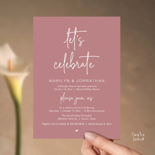Let's Celebrate, Modern Minimal Wedding Reception Invitation (Let's Celebrate, Modern Minimal Wedding Reception dinner dancing Invitation card dusty rose pink)