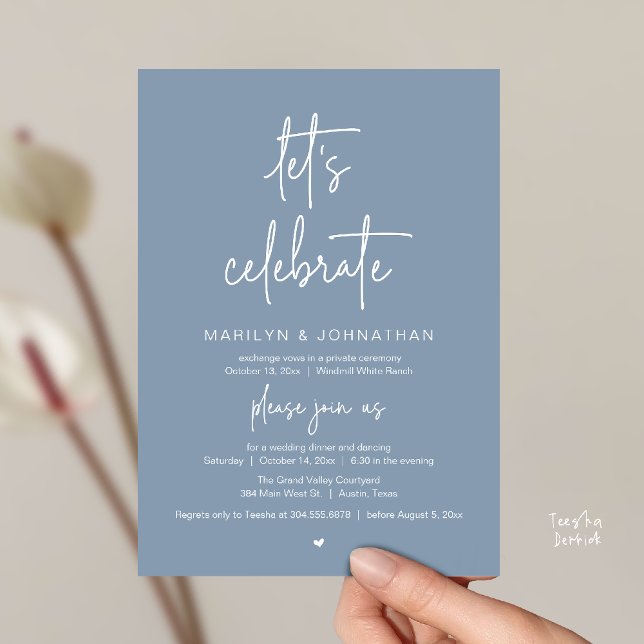 Let's Celebrate, Modern Minimal Wedding Reception Invitation (Let's Celebrate, Modern Minimal Wedding Reception dinner dancing Invitation card dusty blue)