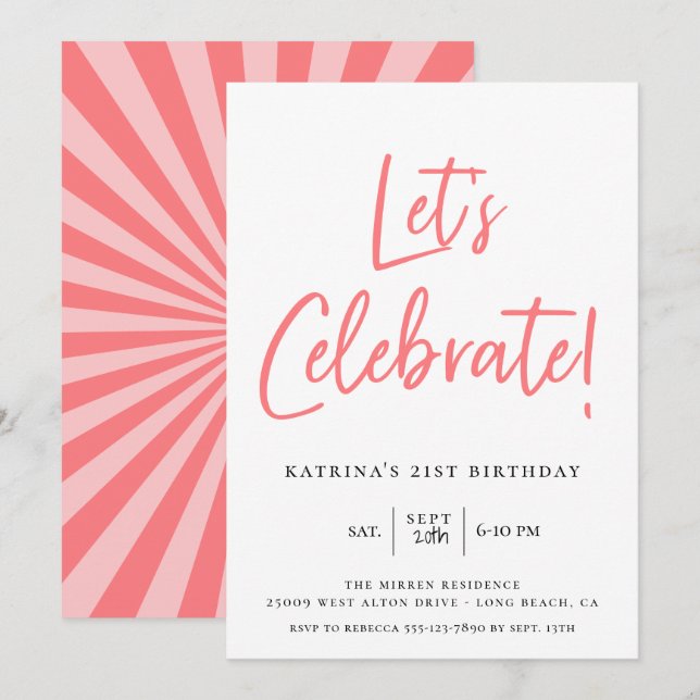 Let's Celebrate Modern Pink Script Birthday Invitation (Front/Back)