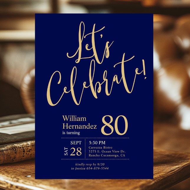 Let's Celebrate Navy Blue Gold Photo 80th Birthday Invitation (Creator Uploaded)