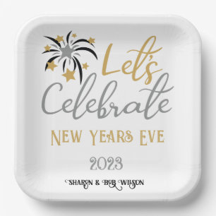 Let's Celebrate New Years Eve Black Gold Silver    Paper Plate