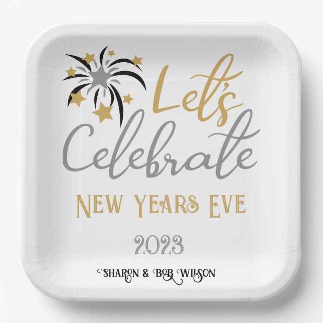 Let's Celebrate New Years Eve Black Gold Silver    Paper Plate (Front)