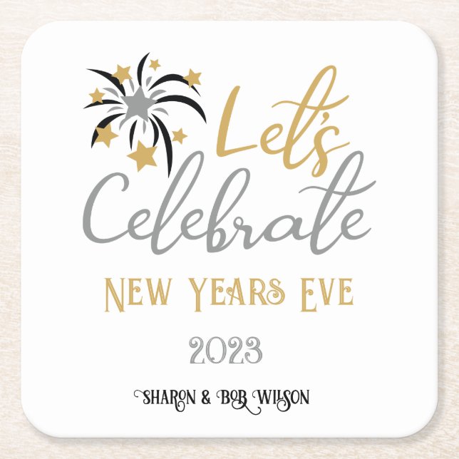 Let's Celebrate New Years Eve Black Gold Silver    Square Paper Coaster (Front)