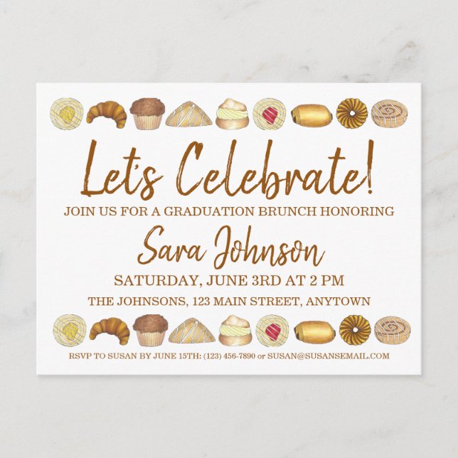 Let's Celebrate Pastry Tray Breakfast Brunch Foods Invitation Postcard (Front)