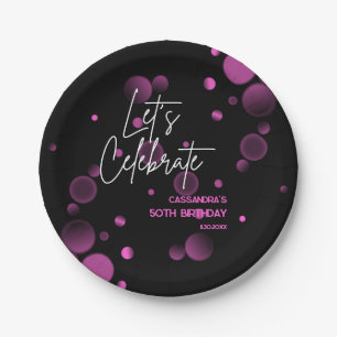 Let's Celebrate Pink Bokeh Gradient Black Birthday Paper Plate