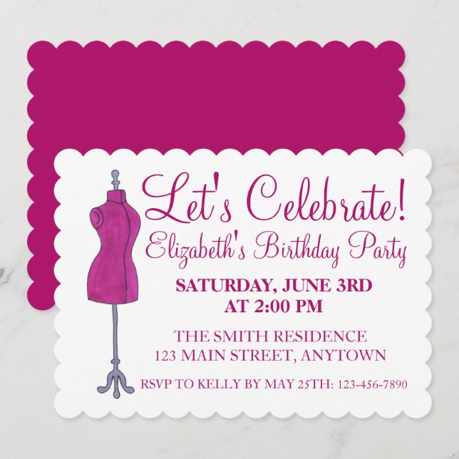 Let's Celebrate Pink Sewing Dressform Mannequin Invitation (Front/Back)