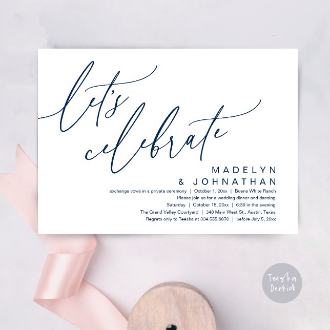 Let's Celebrate, Romantic Wedding Elopement Party Invitation (Let's Celebrate, Romantic Charm Wedding Elopement Dinner Party Brunch Invites Card PDF Navy Blue)