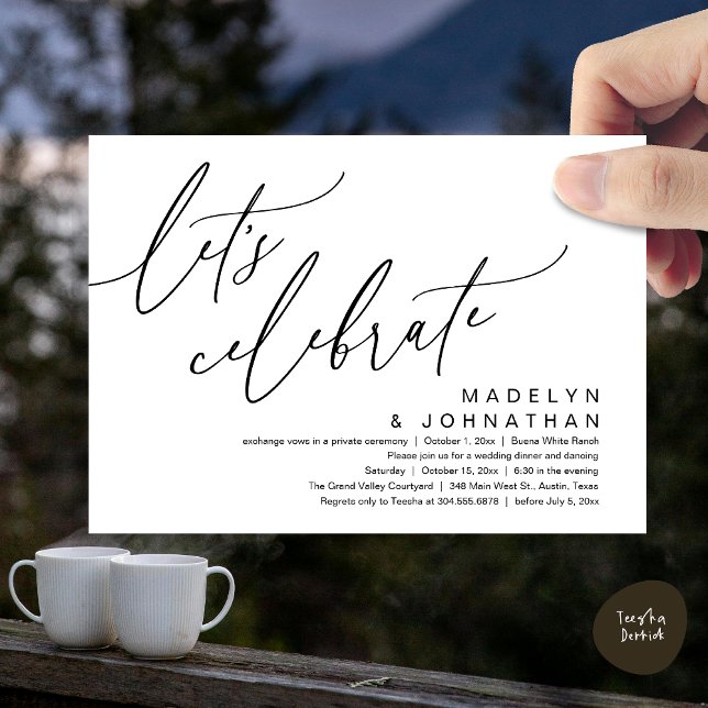 Let's Celebrate, Romantic Wedding Elopement Party Invitation (Let's Celebrate, Romantic Charm Wedding Elopement Dinner Party Brunch Invites Card PDF White Black)