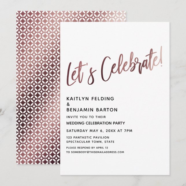 Let's Celebrate Rose Gold Wedding Reception Invitation (Front/Back)
