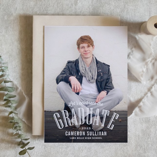 Let's Celebrate the Graduate Photo Graduation Invitation (Customizable class of 2025 photo graduation invitation featuring retro lettering. )