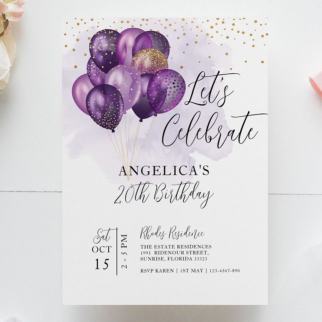 Let's Celebrate Violet Gold Balloons Birthday Invitation (Creator Uploaded)