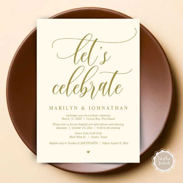 Let's Celebrate Wedding Elopement Dinner Dancing Invitation (Let's Celebrate Wedding Elopement Dinner Party Lunch BrunchDancing Invitation Card PDF, Yellow Gold)