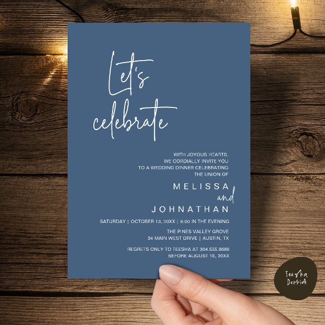 Let's Celebrate, Wedding Elopement Dinner Party Invitation (Let's Celebrate, Modern Wedding Elopement Dinner Party Invitation Card in Dark Dusty Blue)