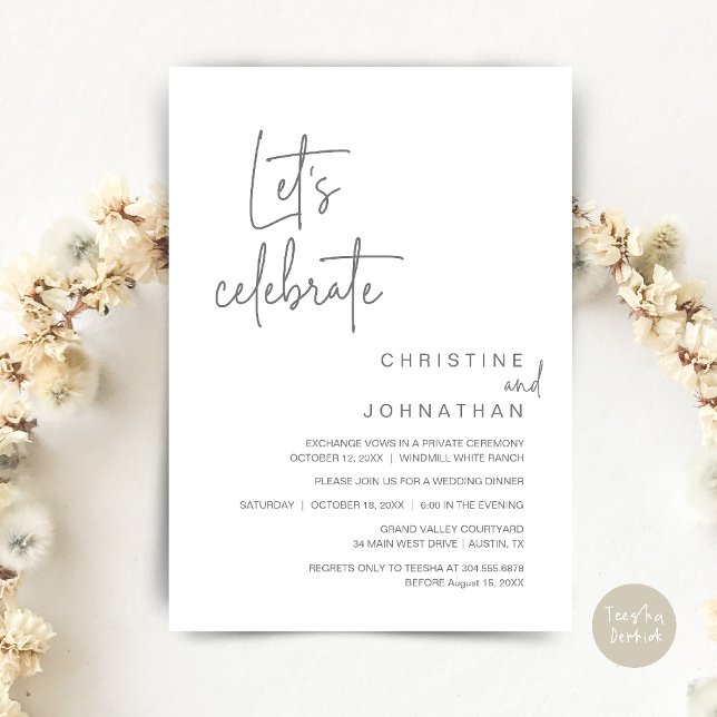 Let's Celebrate, Wedding Elopement Party Dinner Invitation (Let's Celebrate, Classy Minimal Wedding Elopement Party Dinner Invitation Card in Dark grey)