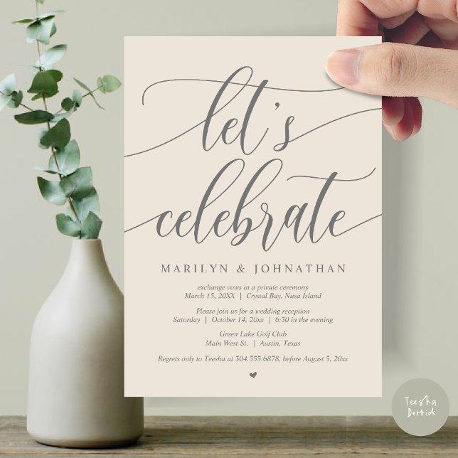 Let's Celebrate Wedding Elopement Party, Navy Blue Invitation (Let's Celebrate Wedding Elopement Dinner Lunch Brunch Party Invitation Card, PDF, in Cream Grey)