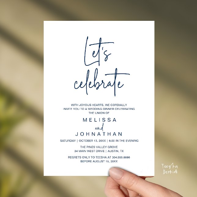 Let's Celebrate, Wedding Elopement Reception Invitation (Let's Celebrate, Modern Minimal Wedding Elopement Reception Dinner Invites Card in Navy Blue)