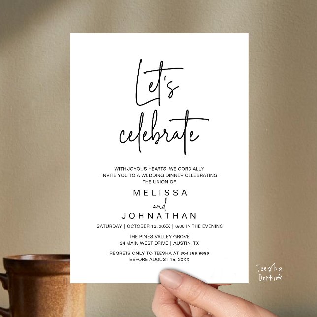 Let's Celebrate, Wedding Elopement Reception Invitation (Let's Celebrate, Modern Minimal Wedding Elopement Reception Dinner Invites Card in Black and White)