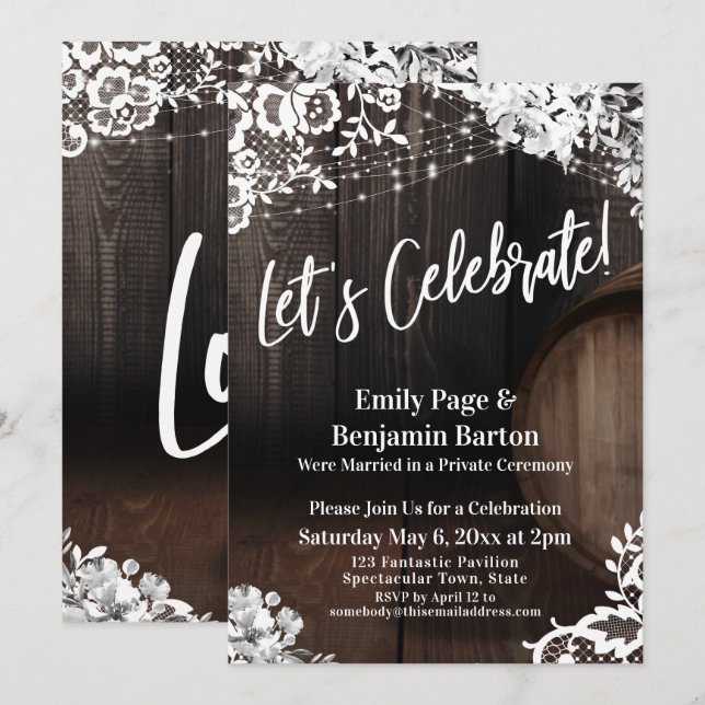 Let's Celebrate! Wood Barrel Lace Lights Flowers Invitation (Front/Back)
