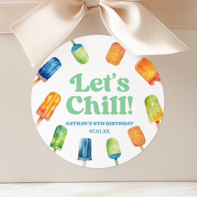 Let's Chill Blue Retro Popsicle Birthday Party Classic Round Sticker (Creator Uploaded)