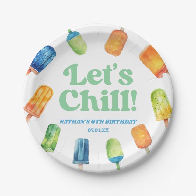 Let's Chill Blue Retro Popsicle Birthday Party Paper Plate (Front)