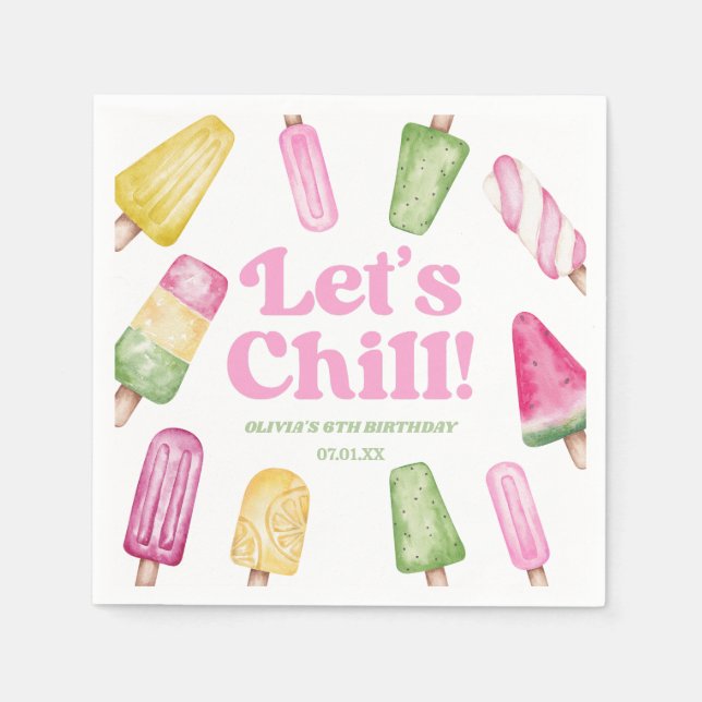 Let's Chill Pink Retro Popsicle Birthday Party Napkin (Front)