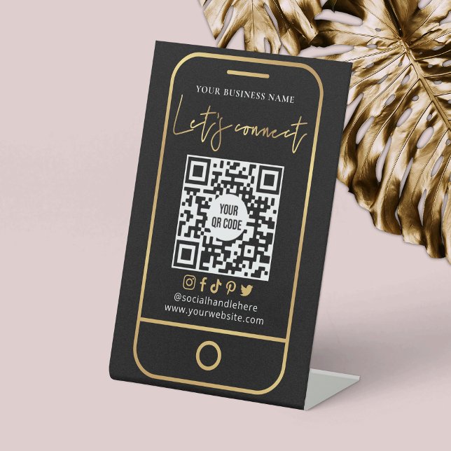Let's Connect QR Code Black & Gold Scannable Pedestal Sign (Connect with clients easily with this modern black and gold QR code social media table top sign)