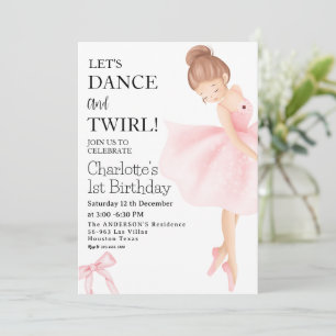 LET'S DANCE And TWIRL Ballerina Girl 1st Birthday Invitation