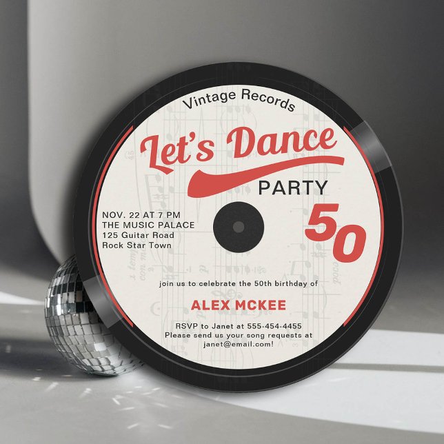 Let's Dance Vintage Groovy Record 50th Birthday Invitation (50th birthday dance party music theme invitation vinyl record notes black white red)
