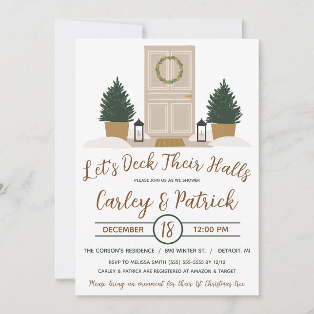 Let's Deck Their Halls, Holiday Bridal Shower Invitation (Front)