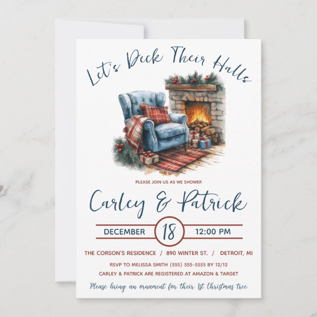 Let's Deck Their Halls, Holiday Bridal Shower Invitation (Front)