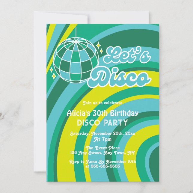 Let's Disco Groovy Wave Retro 70s Green Birthday Invitation (Front)